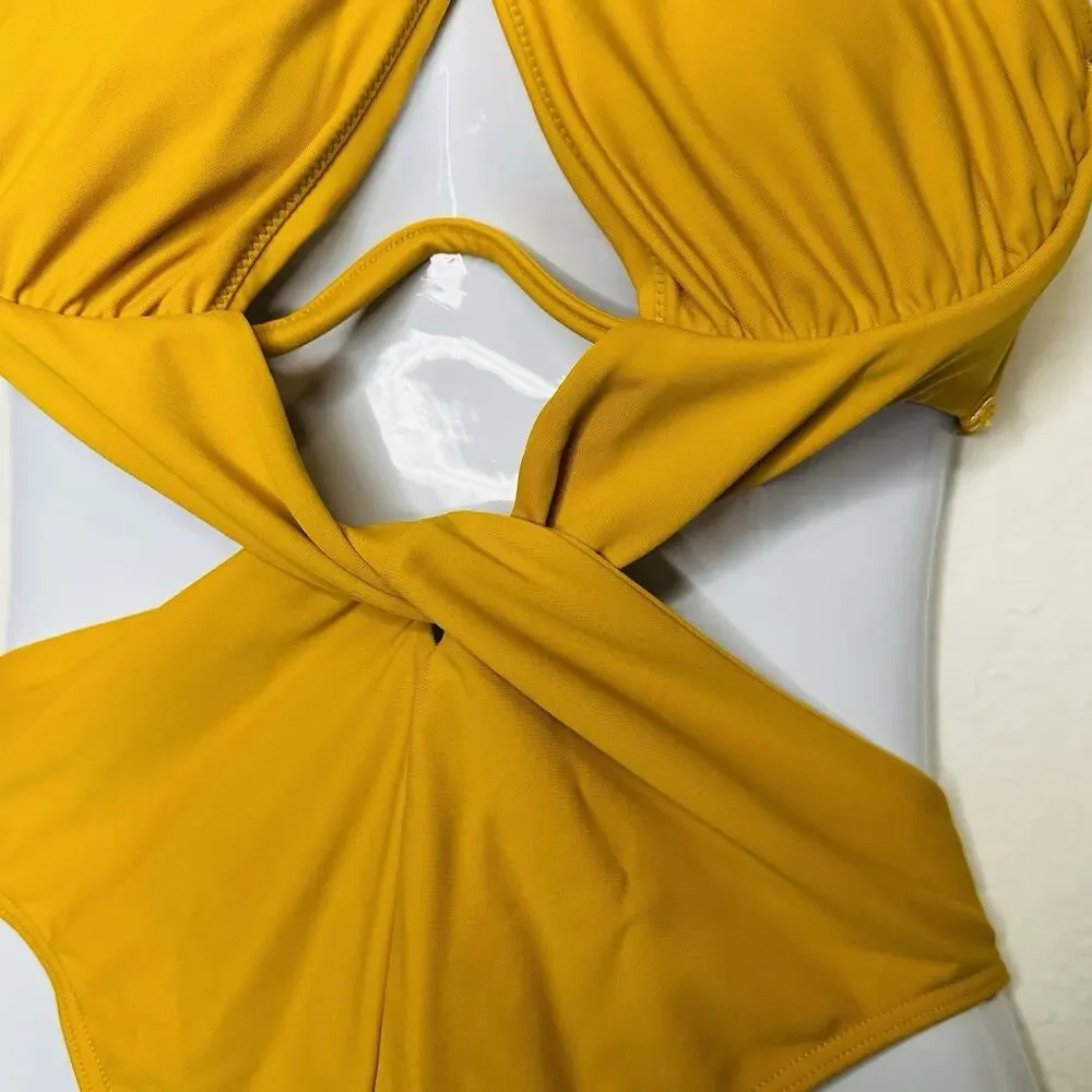 Andrea Iyamah Nayo One Piece Swimsuit yellow Halter Cut Out Spring Break Medium